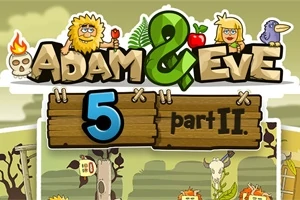 Kreslený obrázok s nápisom Adam & Eve 5 part II, kde sú zobrazené postavy muža a ženy v pravekej scenérii s kostrou a zvieraťom