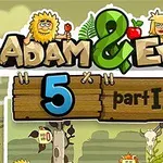 Kreslený obrázok s nápisom Adam & Eve 5 part II, kde sú zobrazené postavy muža a ženy v pravekej scenérii s kostrou a zvieraťom