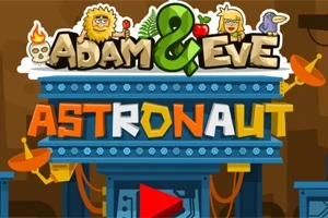 Nadpis Adam & Eve so symbolickými postavičkami, farebným textom Astronaut a satelitnými anténami na modrej konštrukcii s červenou šípkou