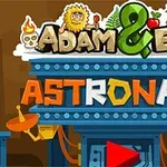 Nadpis Adam & Eve so symbolickými postavičkami, farebným textom Astronaut a satelitnými anténami na modrej konštrukcii s červenou šípkou