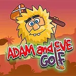 Kreslená postava s hustou žltou hrivou a obrovskou drevenou palicou na pozadí oranžovej krajiny s nápisom Adam and Eve Golf