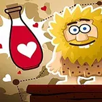 Kreslená postava so žltými vlasmi a bradou stojí na kameni vedľa červenej fľaše s bielym srdcom na pozadí svetlej mapy s trasou a srdiečkami