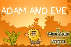 Kreslená postava s fúzatým výrazom stojí na oranžovom pozadí s nápismi More Games a Credits