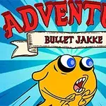 Žltá kreslená postavička s vystrašeným výrazom a veľkými očami na modrom pozadí s nápisom Adventure Bullet Jakke