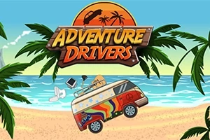 Farebné auto s dúhovými vzormi skáče na tropickej pláži pod logom, obklopené palmami a oceánom v pozadí