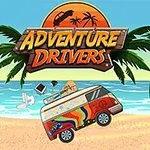 Farebné auto s dúhovými vzormi skáče na tropickej pláži pod logom, obklopené palmami a oceánom v pozadí