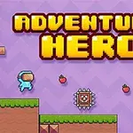 Postavička v modrom obleku skáče cez platformy s tŕňmi a jahodami na fialovom pozadí s textom ADVENTURE HERO