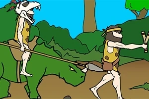 Dvaja pravekí muži, jeden kráčajúci s prakom a druhý jazdiaci na dinosaurovi, v džungľovom prostredí