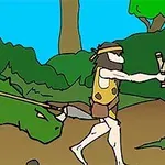 Dvaja pravekí muži, jeden kráčajúci s prakom a druhý jazdiaci na dinosaurovi, v džungľovom prostredí