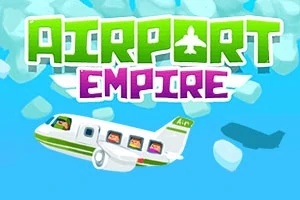 Kreslené lietadlo so šťastnými tvárami pasažierov letí po modrej oblohe s logom Airport Empire v hornej časti