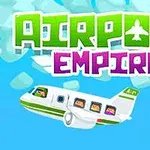 Kreslené lietadlo so šťastnými tvárami pasažierov letí po modrej oblohe s logom Airport Empire v hornej časti