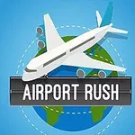 Ilustrácia lietadla letiaceho nad zemeguľou s nápisom Airport Rush na čiernom podklade