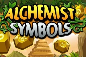 Nápis ALCHEMIST SYMBOLS so zlatými kameňmi a zelenými listami na pozadí s chrámom