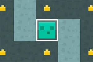 Zelený pixelový štvorec s tvárou je obklopený tmavosivou cestou a žltými pixelovými objektmi na tmavom pozadí