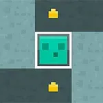 Zelený pixelový štvorec s tvárou je obklopený tmavosivou cestou a žltými pixelovými objektmi na tmavom pozadí