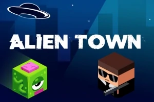 Nápis ALIEN TOWN s UFO na modrom pozadí a kockové postavy, vrátane mimozemšťana a muža so slnečnými okuliarmi a zbraňou