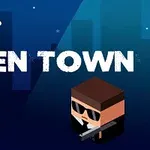 Nápis ALIEN TOWN s UFO na modrom pozadí a kockové postavy, vrátane mimozemšťana a muža so slnečnými okuliarmi a zbraňou