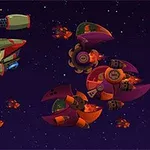 Vesmírna scéna s postavou v rakete a skupinou farebných mimozemských lodí