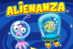 Dve kreslené vesmírne bytosti v skafandroch s názvom ALIENANZA v žltých písmach na modrom pozadí s hviezdami