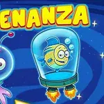Dve kreslené vesmírne bytosti v skafandroch s názvom ALIENANZA v žltých písmach na modrom pozadí s hviezdami