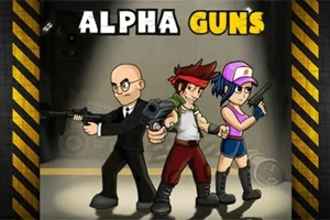 Traja kreslené postavy s rôznymi zbraňami stoja vedľa seba na tmavom pozadí s nápisom Alpha Guns hore