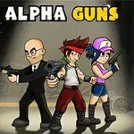 Traja kreslené postavy s rôznymi zbraňami stoja vedľa seba na tmavom pozadí s nápisom Alpha Guns hore