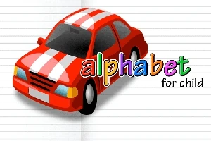 Červené auto s bielymi pruhmi na pruhovanom pozadí vedľa farebného nápisu alphabet for child