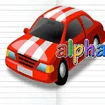 Červené auto s bielymi pruhmi na pruhovanom pozadí vedľa farebného nápisu alphabet for child