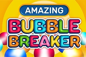 Farebné písmená s nápisom Amazing Bubble Breaker na žltom pozadí s farebnými bublinami