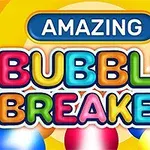 Farebné písmená s nápisom Amazing Bubble Breaker na žltom pozadí s farebnými bublinami