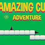 Text Amazing Cube Adventure na zelenom pozadí s bielymi kockami a čiernymi hrotmi