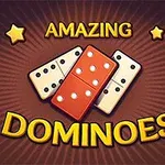 Tri domino kocky na hnedo-oranžovom pozadí so žltými hviezdami a textom Amazing Dominoes