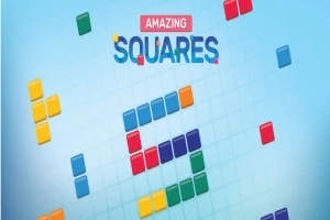 Bloky rôznych farieb usporiadané do tvaru písmena „S“ na modrom pozadí s textom „Amazing Squares“ hore