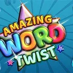 Farebný nápis „Amazing Word Twist“ obklopený farebnými kartičkami s písmenami na modrom pozadí