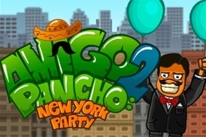 Kreslená postavička s balónikmi a klobúkom, obklopená nápisom Amigo Pancho 2: New York Party na pozadí panorámy mesta