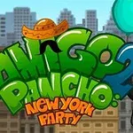 Kreslená postavička s balónikmi a klobúkom, obklopená nápisom Amigo Pancho 2: New York Party na pozadí panorámy mesta