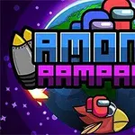 Nadpis Among Rampage s tromi kreslenými postavami a raketami pred planétou Zem na fialovom pozadí s hviezdami
