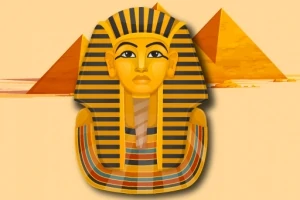 Faraónska maska na pozadí dvoch pyramíd