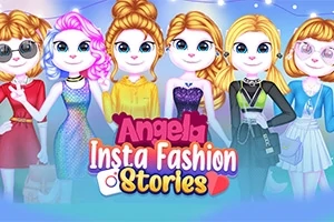 Šesť kreslených postáv oblečených v módnych outfitoch stojí vedľa seba na farebnom pozadí s nápisom Angela Insta Fashion Stories