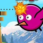 Červený vták letí naraziť do väčšieho fialového vtáka s animovanou explóziou v pozadí hôr a drevenej prekážky