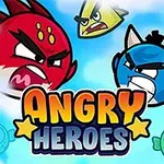 Tri farebné kreslené postavičky s nahnevanými výrazmi tvárí na modrom oblaku s nápisom Angry Heroes