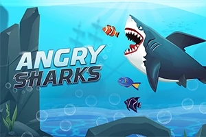 Veľký žralok s otvorenými ústami pláva medzi farebnými rybami v modrom oceáne, s názvom Angry Sharks na screen-e