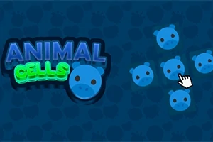 Modrá obrazovka s farebným textom Animal Cells a niekoľkými modrými kruhovými tvárami so zvieracími znakmi