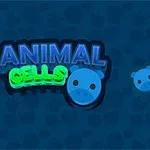 Modrá obrazovka s farebným textom Animal Cells a niekoľkými modrými kruhovými tvárami so zvieracími znakmi