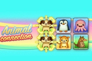 Farebné ikony piatich kreslených zvieratiek a nápis Animal connection na modrom pozadí