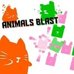 Farebné, kreslené siluety zvierat so slovami Animals Blast na bielom pozadí