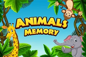 Opica, žirafa a slon v džungli s textom Animals Memory na modrom pozadí