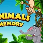 Opica, žirafa a slon v džungli s textom Animals Memory na modrom pozadí