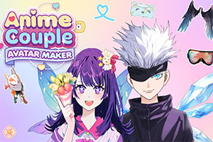 Anime pár s fialovovlasou dievčinou držiacou zmrzlinu a bielovlasým chlapcom so zakrytými očami na ružovom pozadí s roztomilými ikonami a nápisom „Anime Couple Avatar Maker
