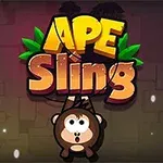 Farebný nápis Ape Sling s animovanou opicou visiacej nadol na tmavom pozadí